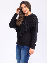 WOMEN'S LONG SLEEVE FRINGE DETAILED KNITTED PULLOVER SWEATER