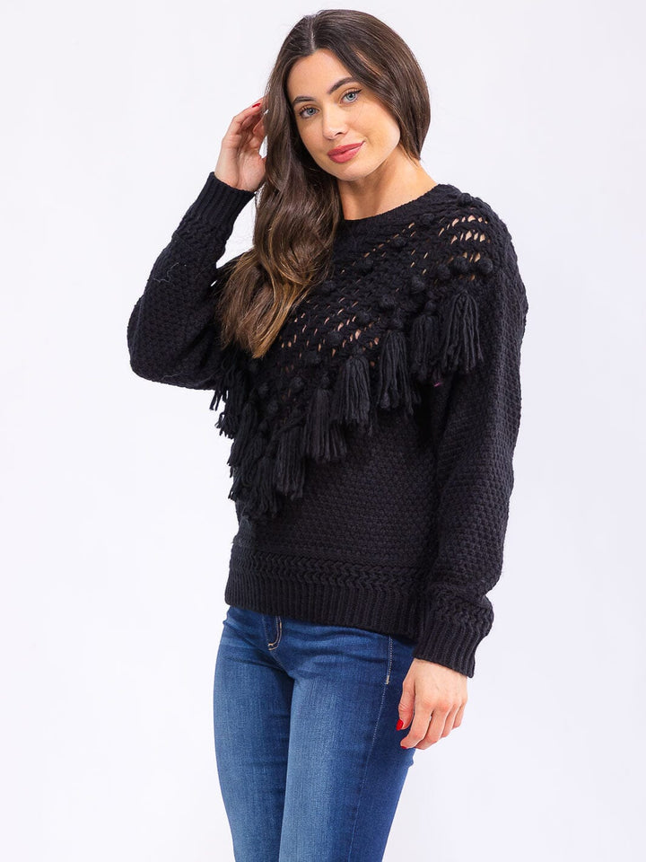 WOMEN'S LONG SLEEVE FRINGE DETAILED KNITTED PULLOVER SWEATER