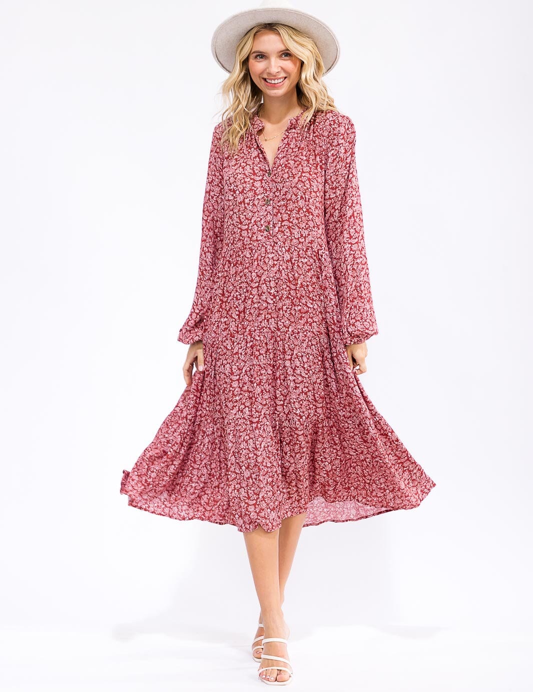 WOMEN'S LONG SLEEVE V-NECK BUTTON UP FLORAL TIERED MIDI DRESS