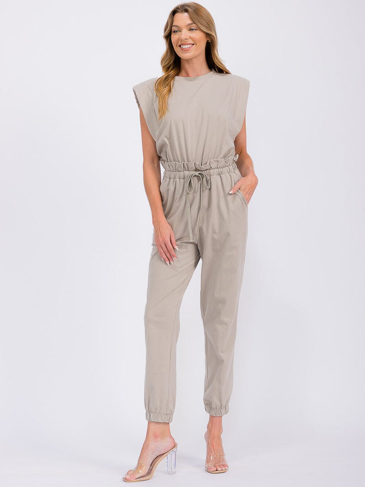 WOMEN'S SLEEVELESS SHOULDER PADS ELASTIC WAIST POCKETS JUMPSUIT