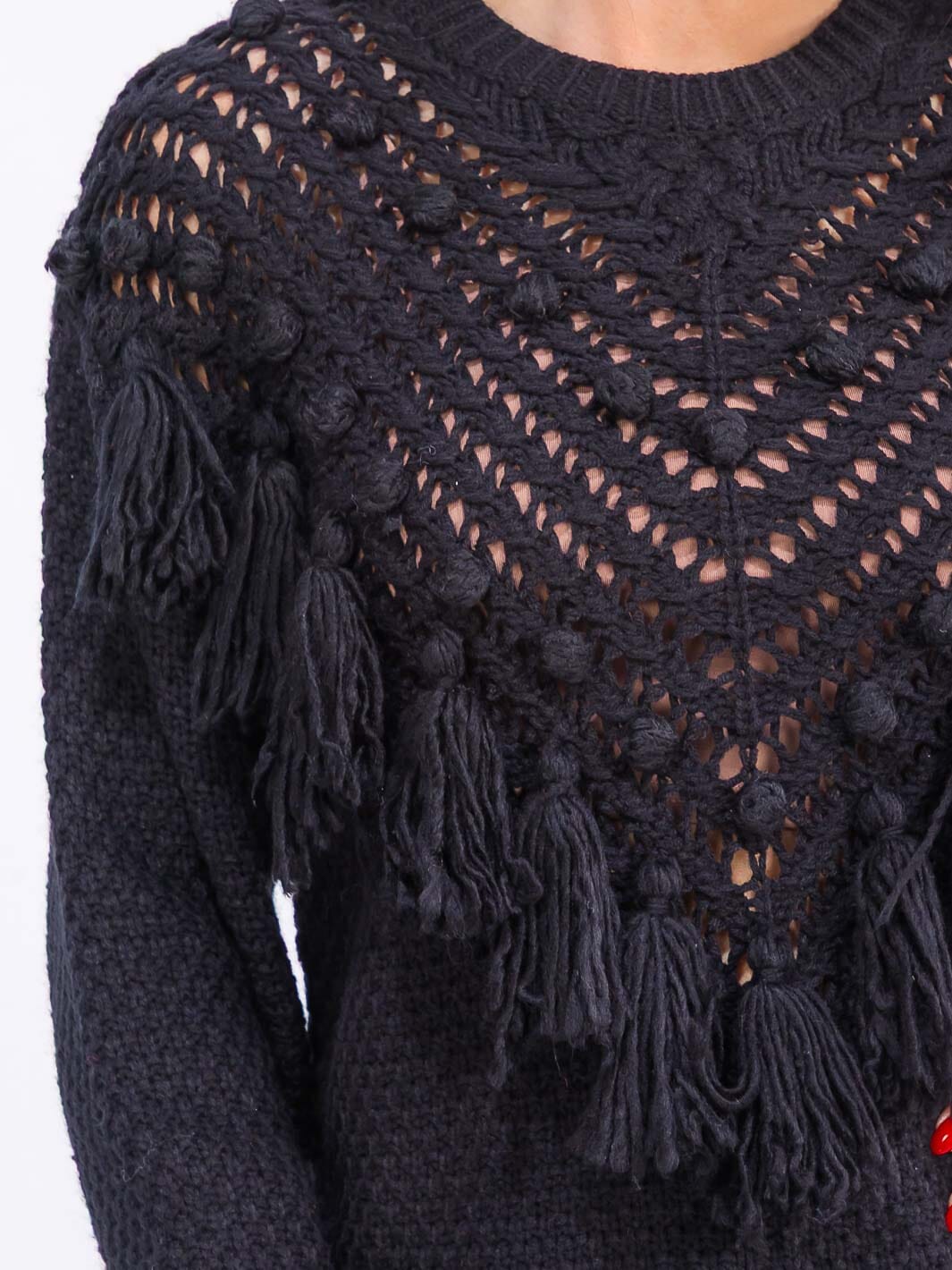 WOMEN'S LONG SLEEVE FRINGE DETAILED KNITTED PULLOVER SWEATER