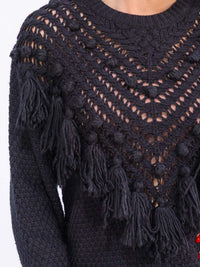 WOMEN'S LONG SLEEVE FRINGE DETAILED KNITTED PULLOVER SWEATER