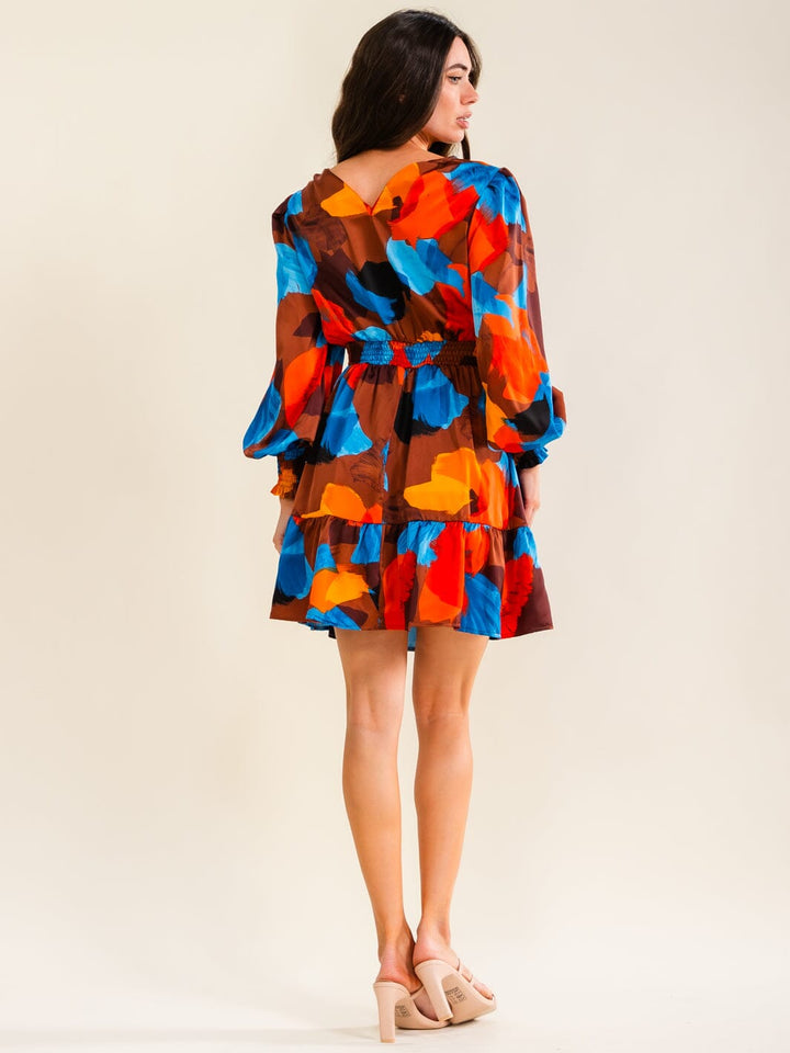 ENTRO WOMEN'S LONG SLEEVE SURPLICE ELASTIC WAIST MULTI PRINT MINI DRESS
