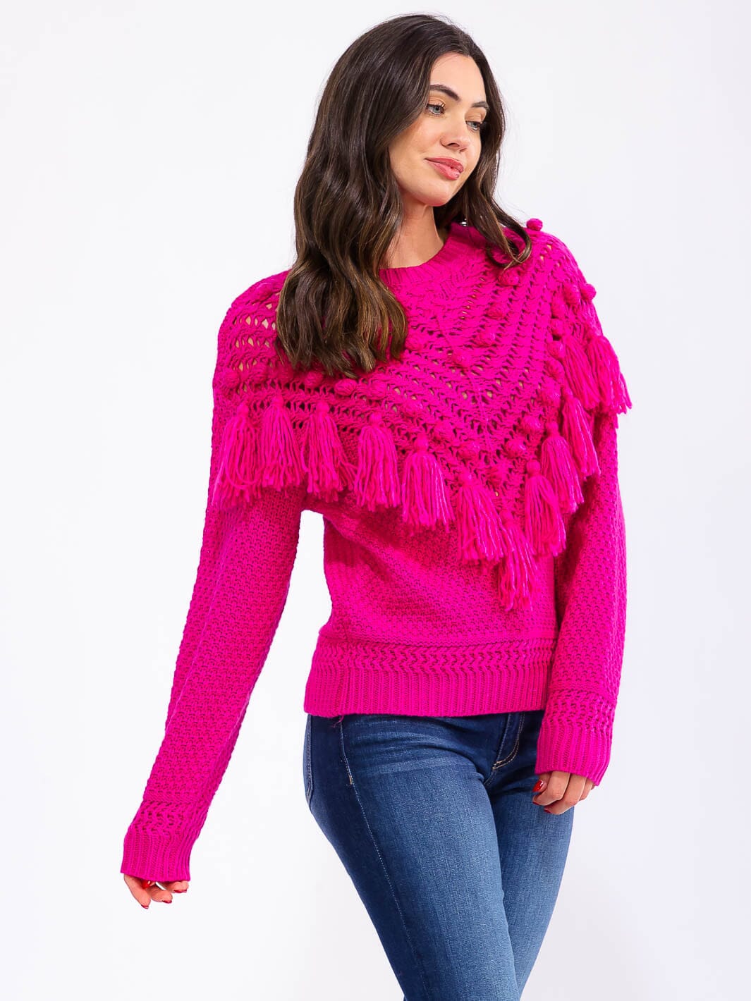 WOMEN'S LONG SLEEVE FRINGE DETAILED KNITTED PULLOVER SWEATER