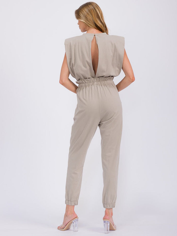 WOMEN'S SLEEVELESS SHOULDER PADS ELASTIC WAIST POCKETS JUMPSUIT