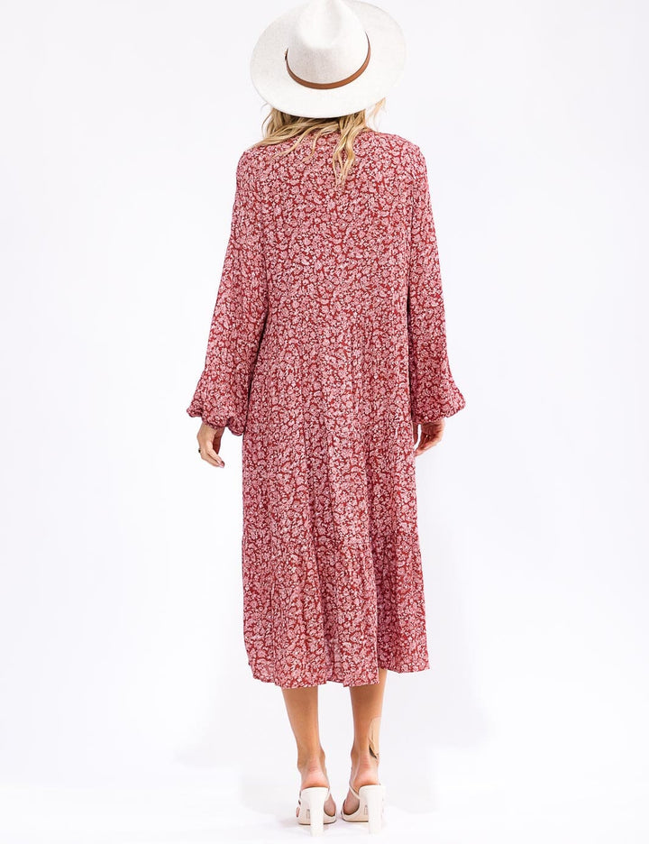 WOMEN'S LONG SLEEVE V-NECK BUTTON UP FLORAL TIERED MIDI DRESS