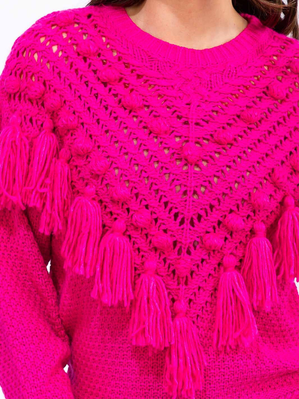 WOMEN'S LONG SLEEVE FRINGE DETAILED KNITTED PULLOVER SWEATER