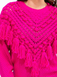 WOMEN'S LONG SLEEVE FRINGE DETAILED KNITTED PULLOVER SWEATER