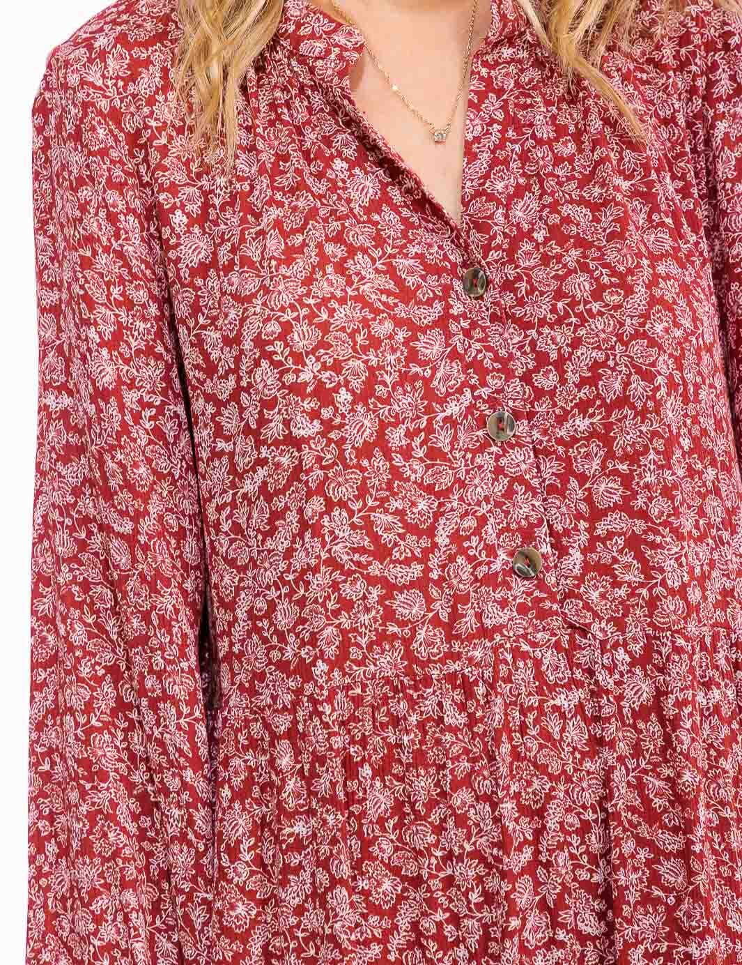 WOMEN'S LONG SLEEVE V-NECK BUTTON UP FLORAL TIERED MIDI DRESS