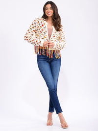 WOMEN'S LONG SLEEVE BUTTON CLOSURE FRINGE MULTI KNITTED CARDIGAN