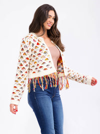 WOMEN'S LONG SLEEVE BUTTON CLOSURE FRINGE MULTI KNITTED CARDIGAN