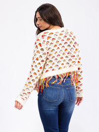 WOMEN'S LONG SLEEVE BUTTON CLOSURE FRINGE MULTI KNITTED CARDIGAN