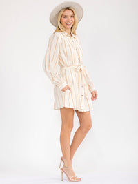 WOMEN'S LONG SLEEVE BUTTON UP FRONT POCKETS SELF TIE STRIPES MINI DRESS