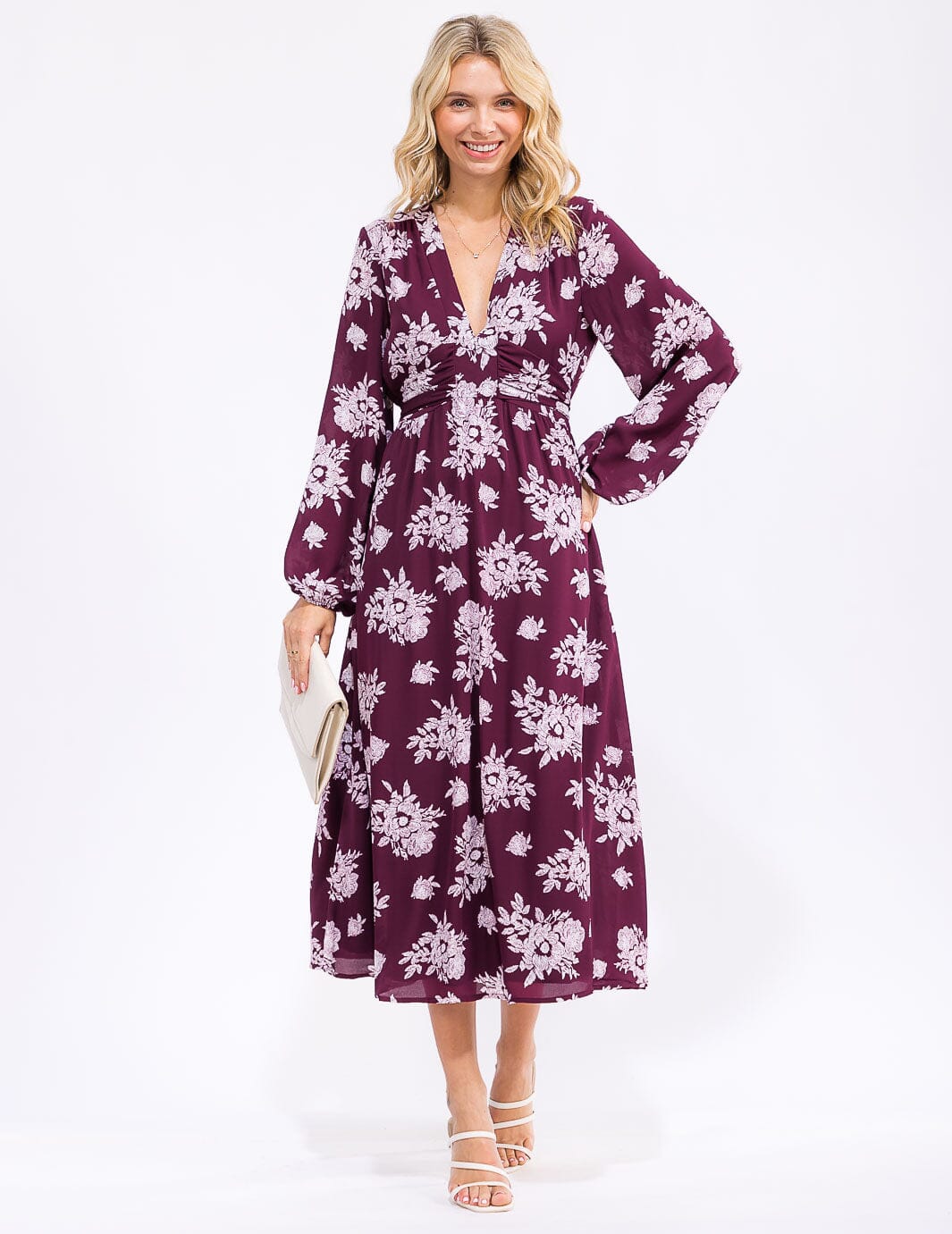 WOMEN'S LONG SLEEVE V-NECK SELF TIE FLORAL MAXI DRESS