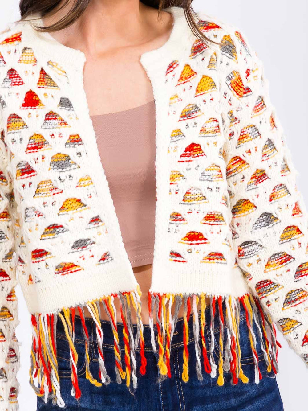 WOMEN'S LONG SLEEVE BUTTON CLOSURE FRINGE MULTI KNITTED CARDIGAN
