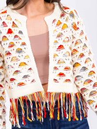 WOMEN'S LONG SLEEVE BUTTON CLOSURE FRINGE MULTI KNITTED CARDIGAN