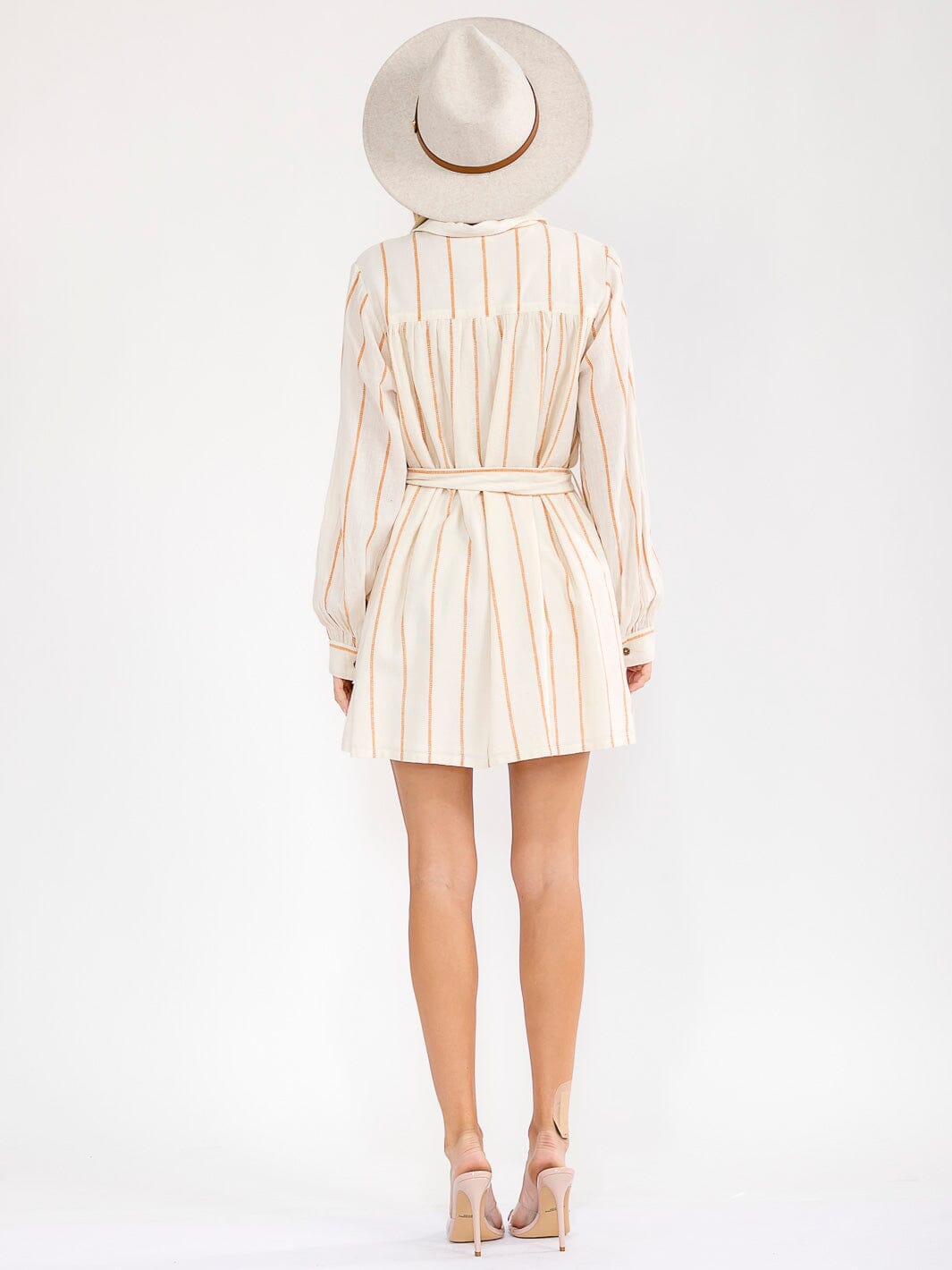 WOMEN'S LONG SLEEVE BUTTON UP FRONT POCKETS SELF TIE STRIPES MINI DRESS