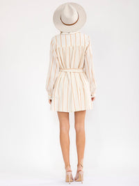 WOMEN'S LONG SLEEVE BUTTON UP FRONT POCKETS SELF TIE STRIPES MINI DRESS