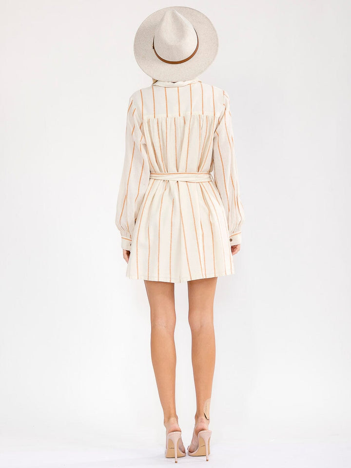 WOMEN'S LONG SLEEVE BUTTON UP FRONT POCKETS SELF TIE STRIPES MINI DRESS