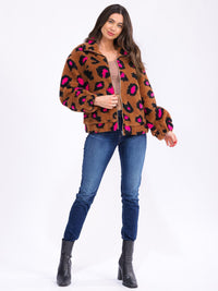 WOMEN'S LONG SLEEVE ZIP UP FRONT POCKETS ANIMAL PRINT SHERPA JACKET