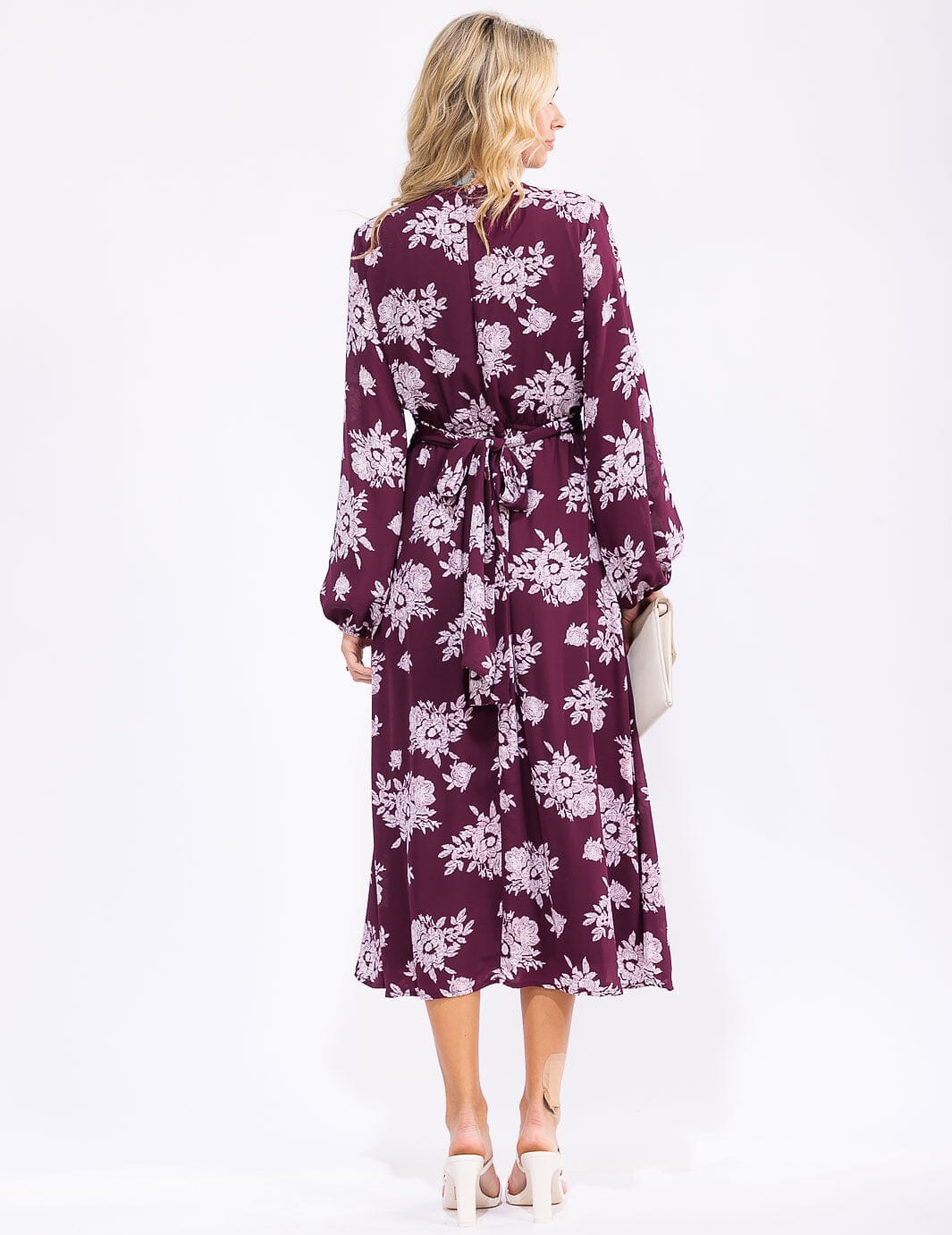 WOMEN'S LONG SLEEVE V-NECK SELF TIE FLORAL MAXI DRESS