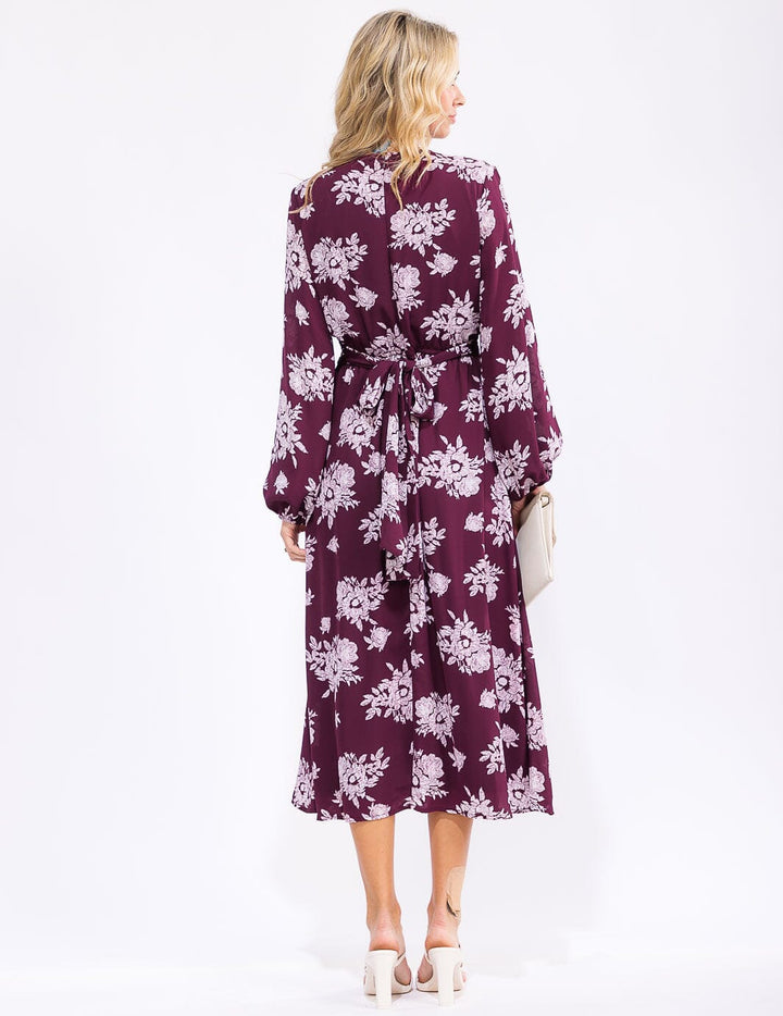 WOMEN'S LONG SLEEVE V-NECK SELF TIE FLORAL MAXI DRESS