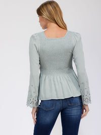 WOMEN'S LONG EYELET SLEEVE SQUARE NECK SMOCK PEPLUM BLOUSE