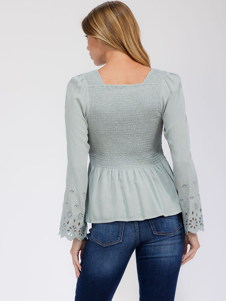 WOMEN'S LONG EYELET SLEEVE SQUARE NECK SMOCK PEPLUM BLOUSE