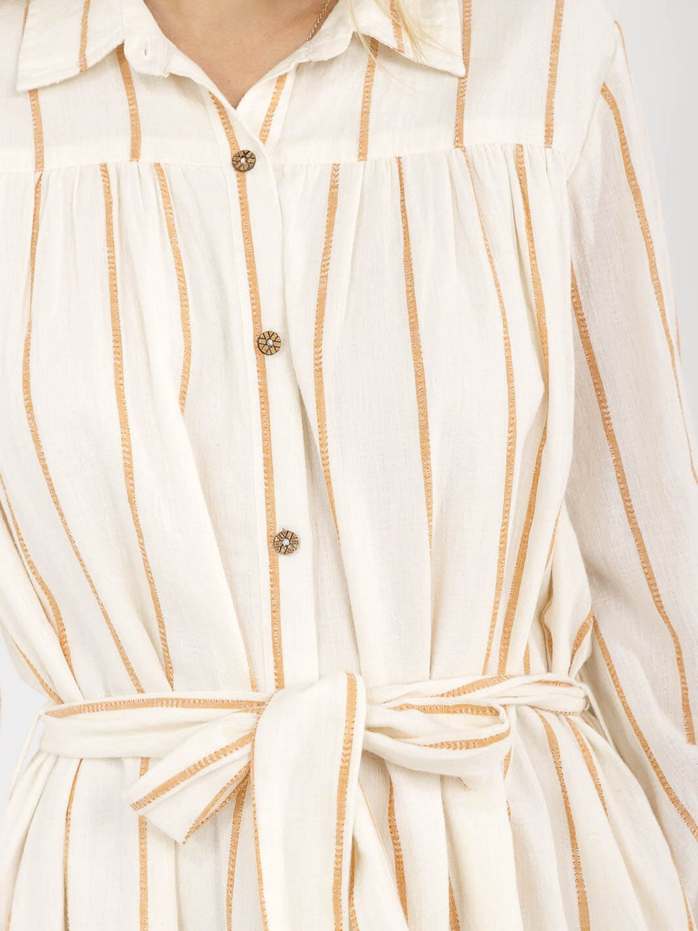 WOMEN'S LONG SLEEVE BUTTON UP FRONT POCKETS SELF TIE STRIPES MINI DRESS