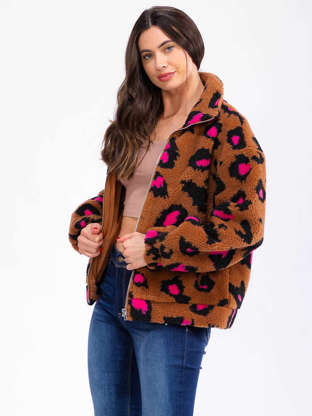 WOMEN'S LONG SLEEVE ZIP UP FRONT POCKETS ANIMAL PRINT SHERPA JACKET