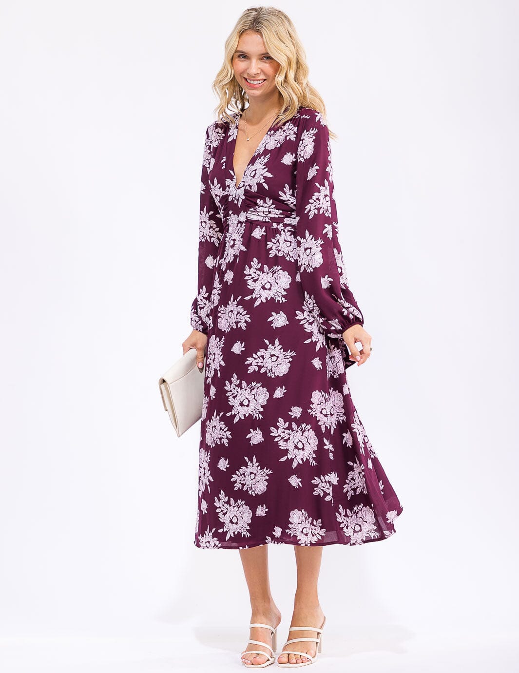 WOMEN'S LONG SLEEVE V-NECK SELF TIE FLORAL MAXI DRESS