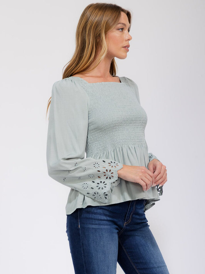 WOMEN'S LONG EYELET SLEEVE SQUARE NECK SMOCK PEPLUM BLOUSE
