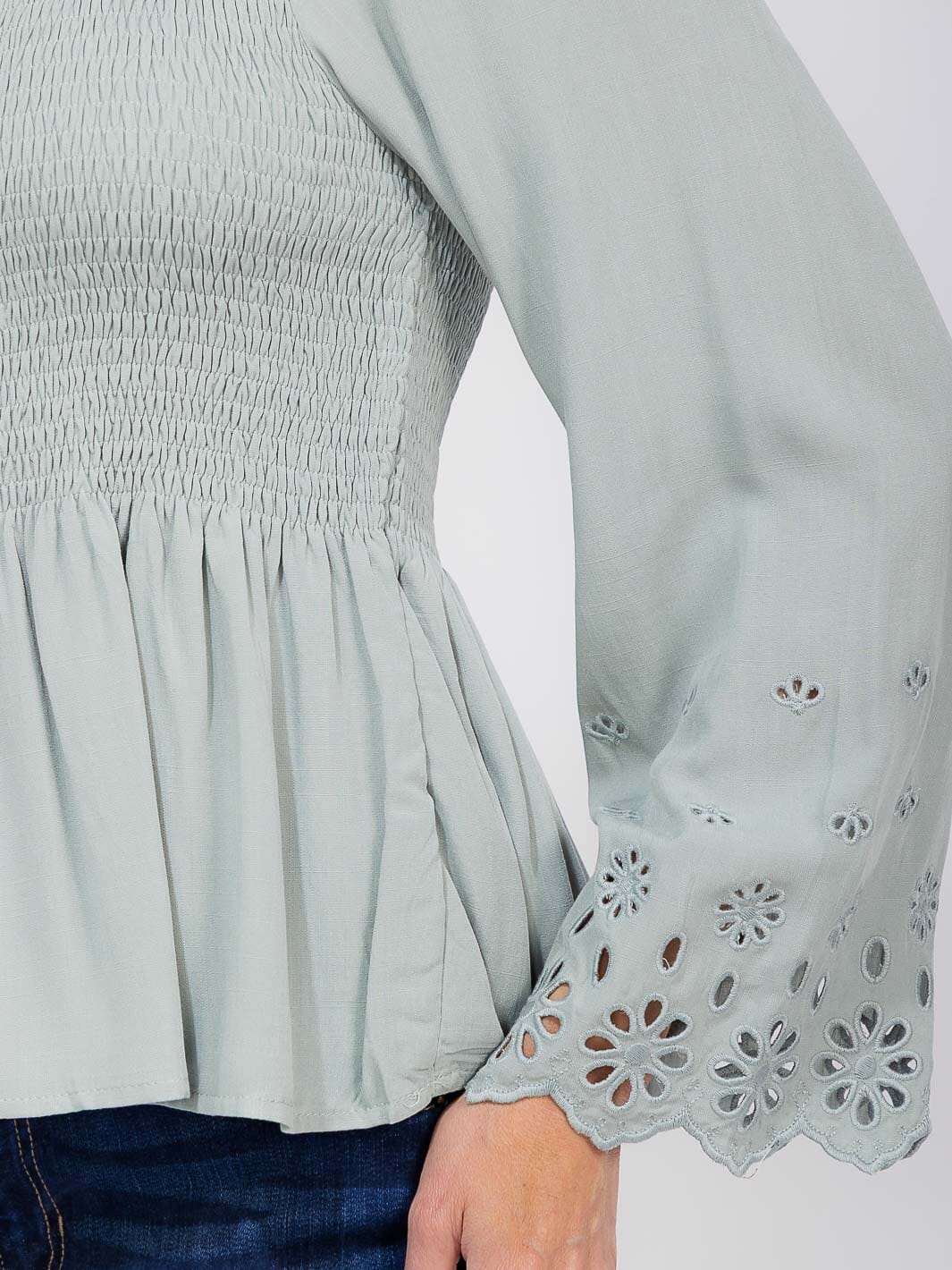 WOMEN'S LONG EYELET SLEEVE SQUARE NECK SMOCK PEPLUM BLOUSE