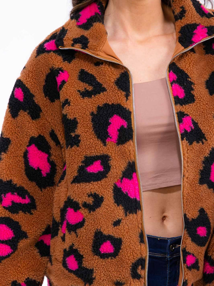 WOMEN'S LONG SLEEVE ZIP UP FRONT POCKETS ANIMAL PRINT SHERPA JACKET