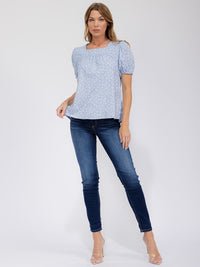 WOMEN'S SHORT PUFF SLEEVE SQUARE NECK FLOWER BLOUSE