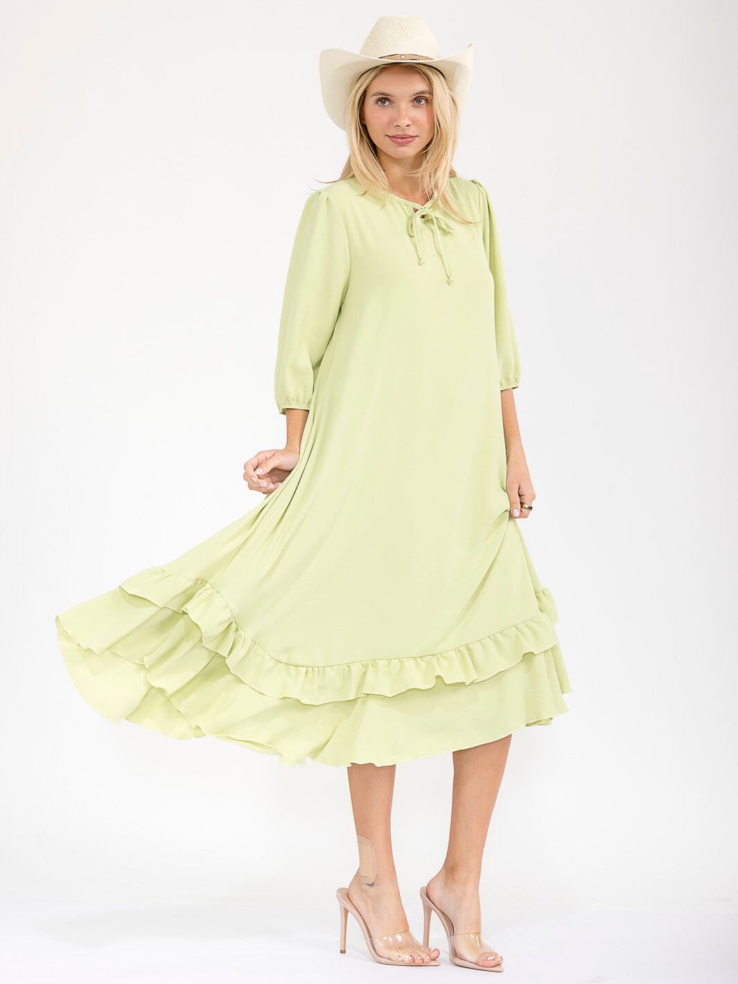 WOMEN'S 3/4 SLEEVE RUFFLE BOTTOM HEM FRONT POCKETS LOOSE FIT MAXI DRESS