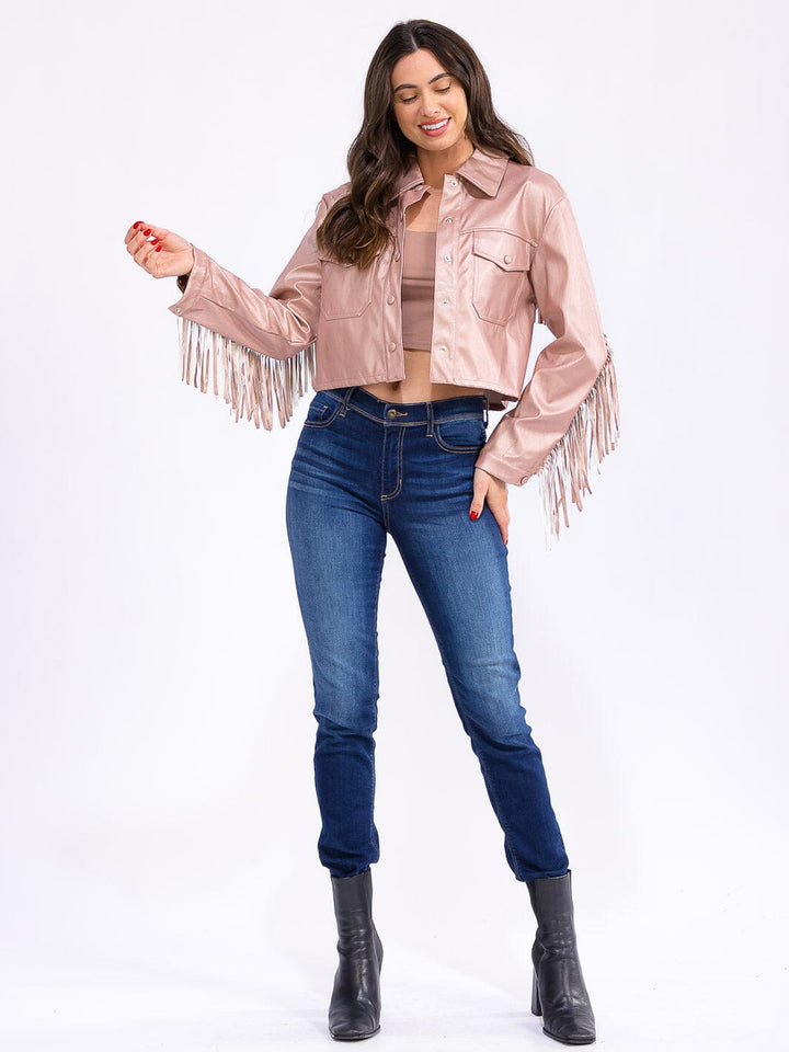 WOMEN'S LONG SLEEVE BUTTON CLOSURE FRONT POCKETS PU PLEATHER FRINGE JACKET