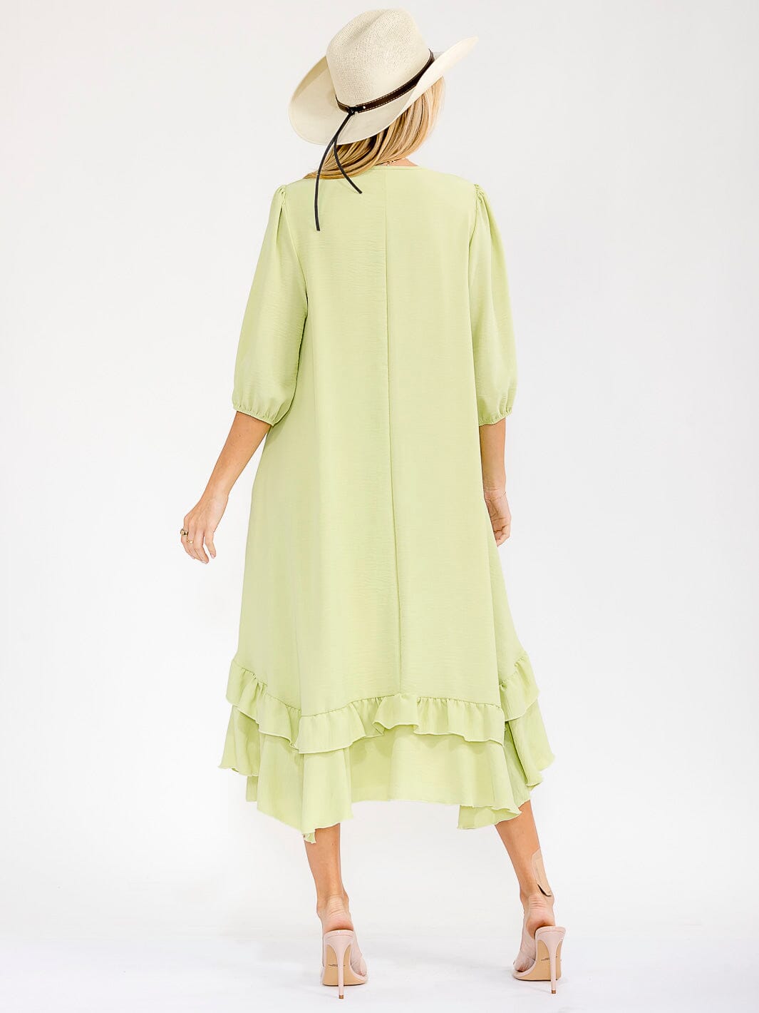 WOMEN'S 3/4 SLEEVE RUFFLE BOTTOM HEM FRONT POCKETS LOOSE FIT MAXI DRESS