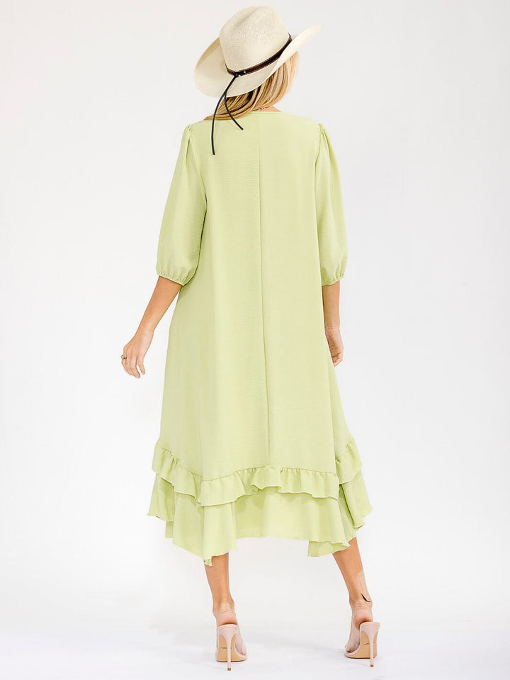 WOMEN'S 3/4 SLEEVE RUFFLE BOTTOM HEM FRONT POCKETS LOOSE FIT MAXI DRESS