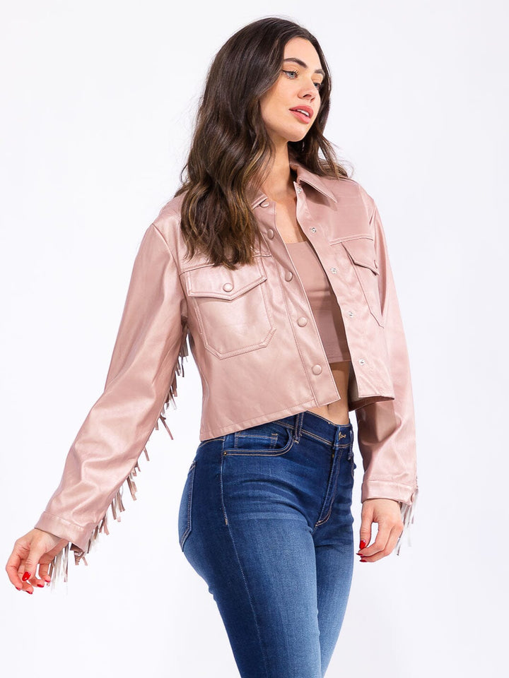 WOMEN'S LONG SLEEVE BUTTON CLOSURE FRONT POCKETS PU PLEATHER FRINGE JACKET