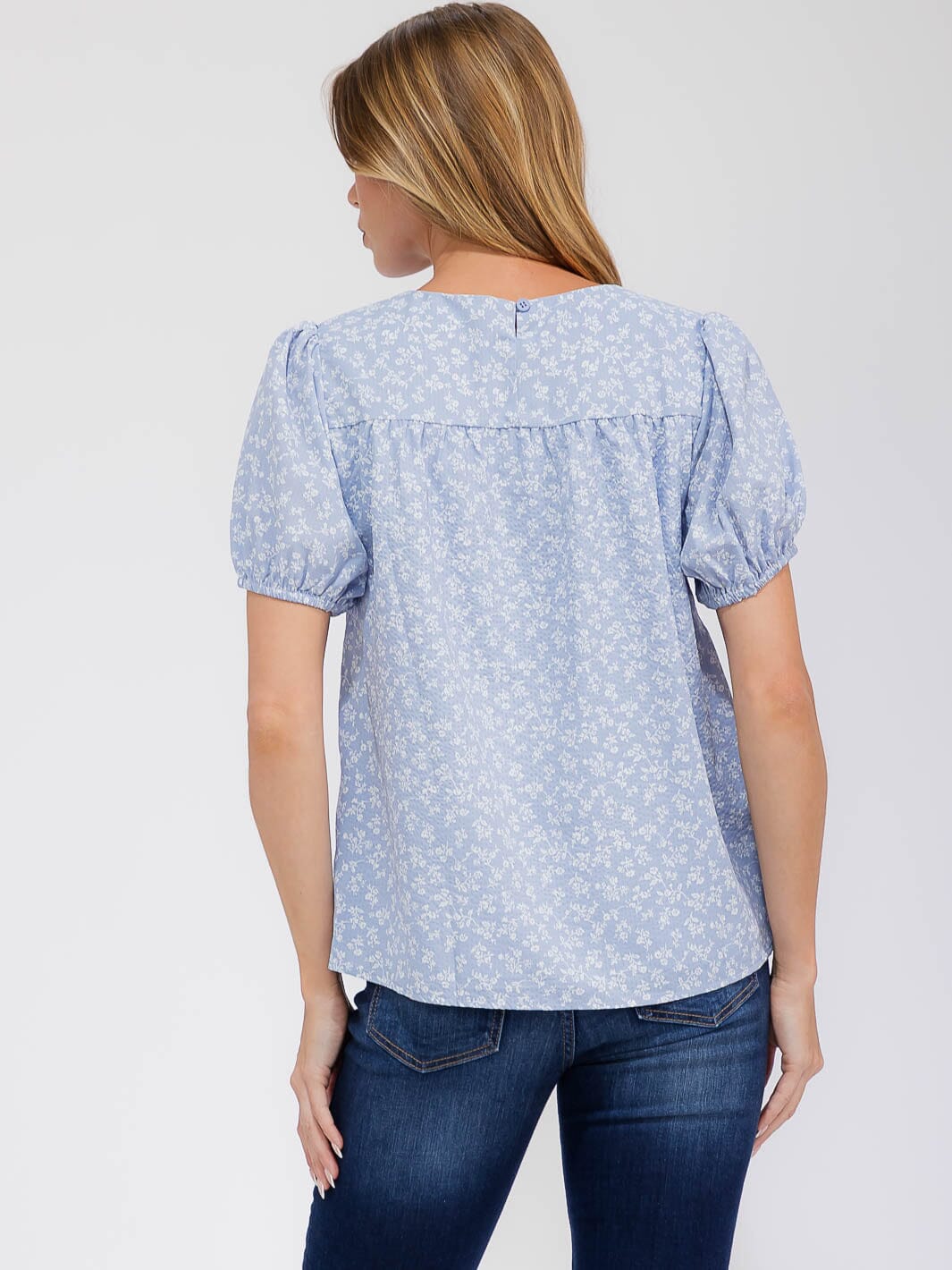 WOMEN'S SHORT PUFF SLEEVE SQUARE NECK FLOWER BLOUSE