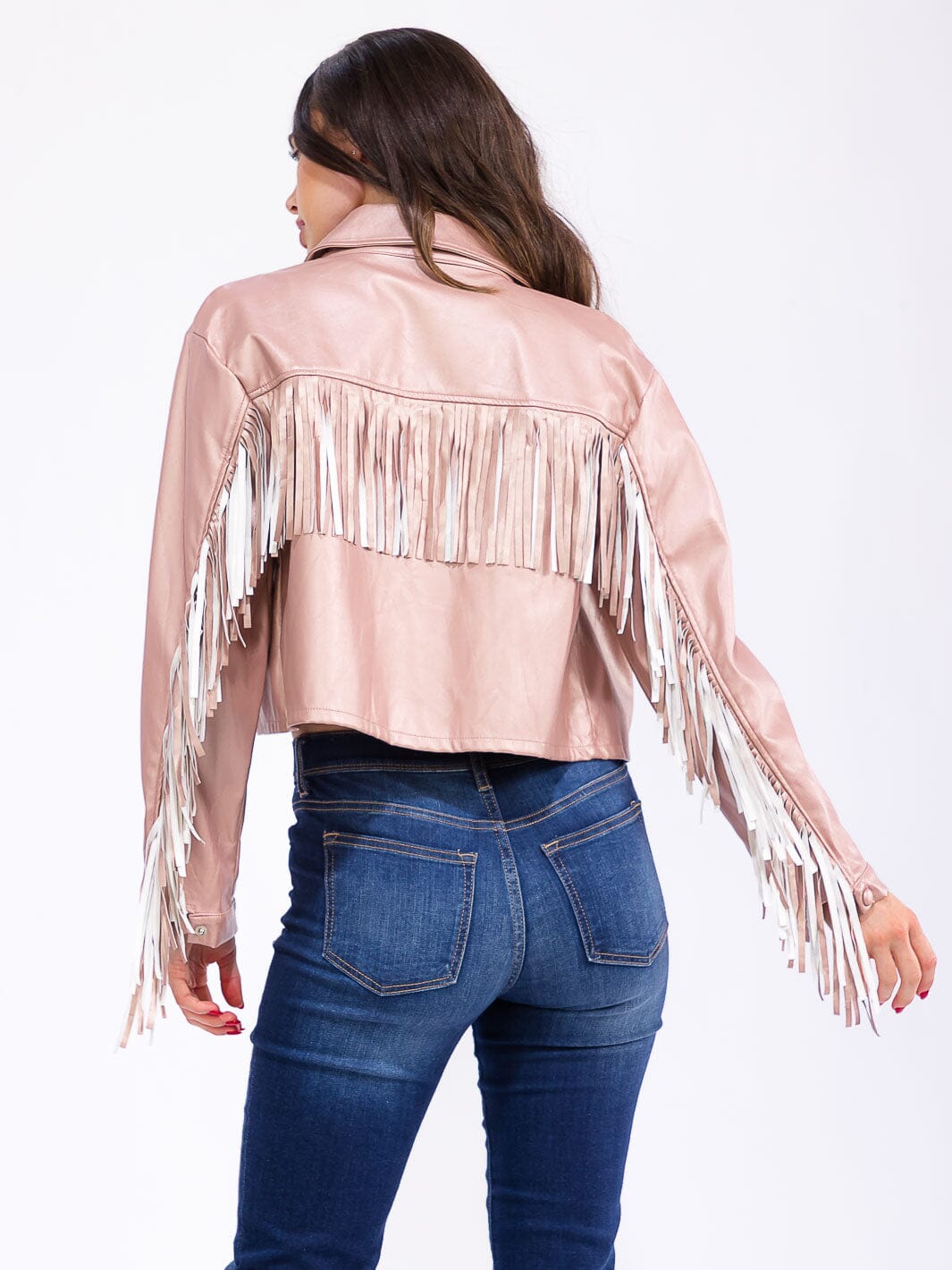 WOMEN'S LONG SLEEVE BUTTON CLOSURE FRONT POCKETS PU PLEATHER FRINGE JACKET