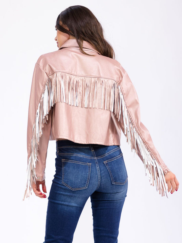 WOMEN'S LONG SLEEVE BUTTON CLOSURE FRONT POCKETS PU PLEATHER FRINGE JACKET