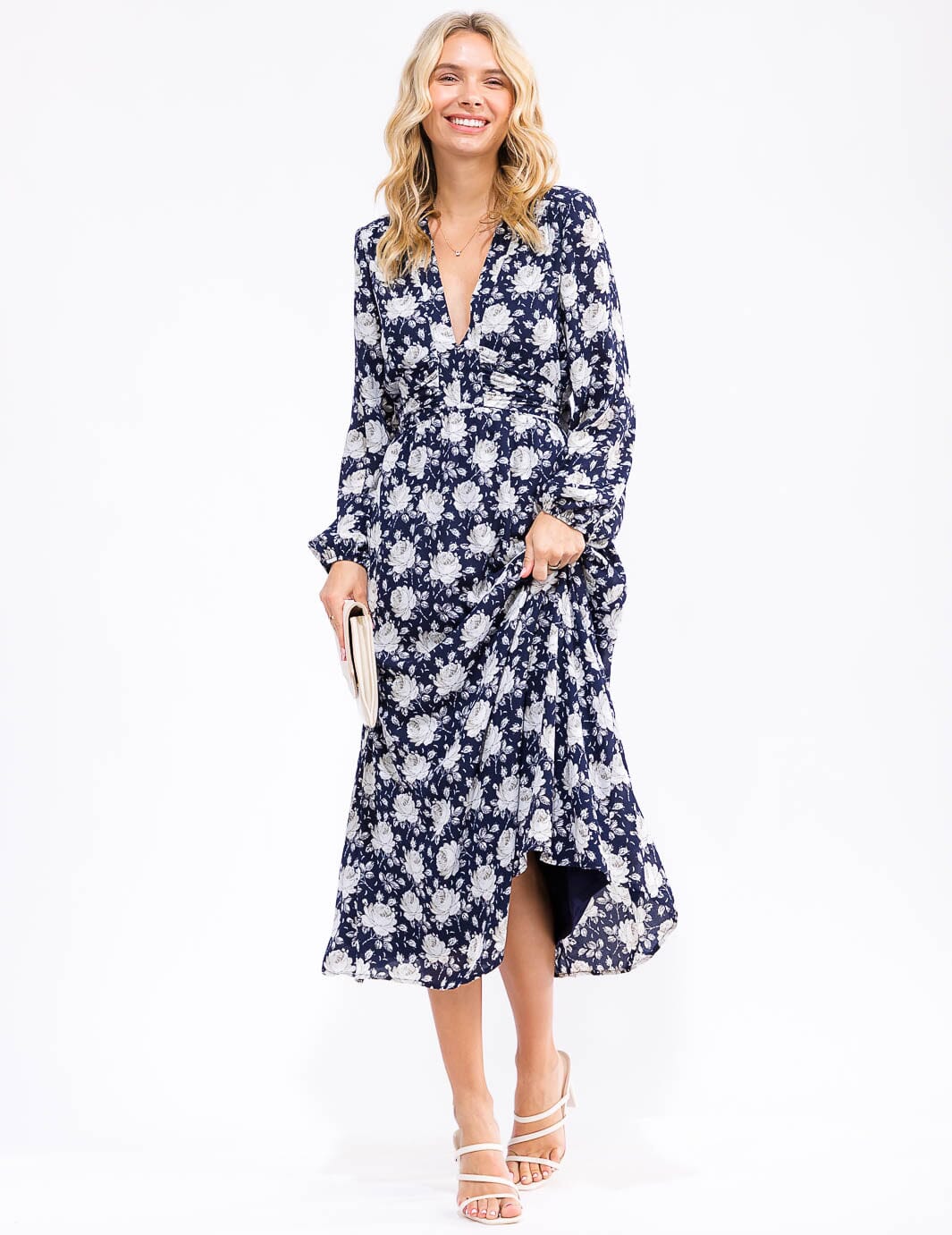 WOMEN'S LONG SLEEVE V-NECK SELF TIE FLORAL MAXI DRESS