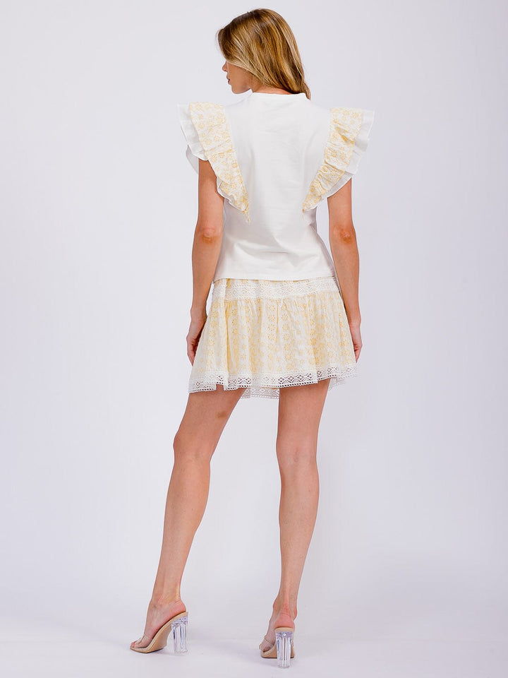 WOMEN'S RUFFLE SLEEVE BLOUSE & ELASTIC WAIST MINI SKIRT EYELET 2PC. SET