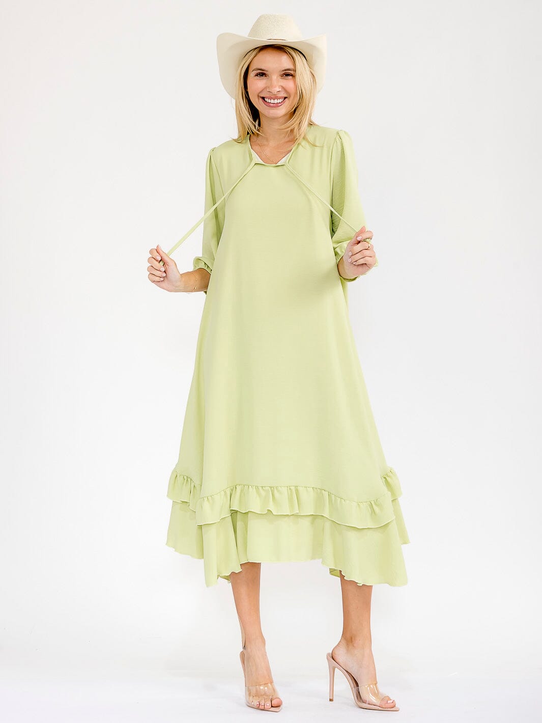 WOMEN'S 3/4 SLEEVE RUFFLE BOTTOM HEM FRONT POCKETS LOOSE FIT MAXI DRESS