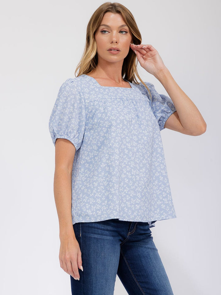 WOMEN'S SHORT PUFF SLEEVE SQUARE NECK FLOWER BLOUSE