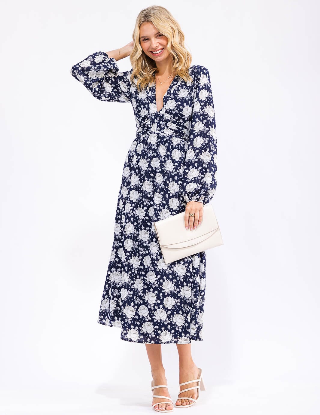 WOMEN'S LONG SLEEVE V-NECK SELF TIE FLORAL MAXI DRESS