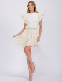 WOMEN'S RUFFLE SLEEVE BLOUSE & ELASTIC WAIST MINI SKIRT EYELET 2PC. SET