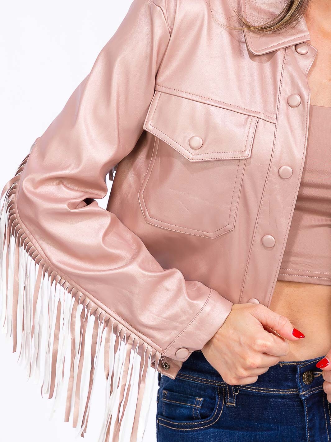 WOMEN'S LONG SLEEVE BUTTON CLOSURE FRONT POCKETS PU PLEATHER FRINGE JACKET